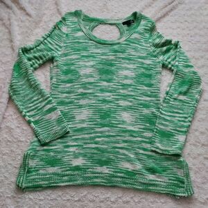 Green & White Marled Knit Lightweight Longline Sweater Keyhole Back Spring